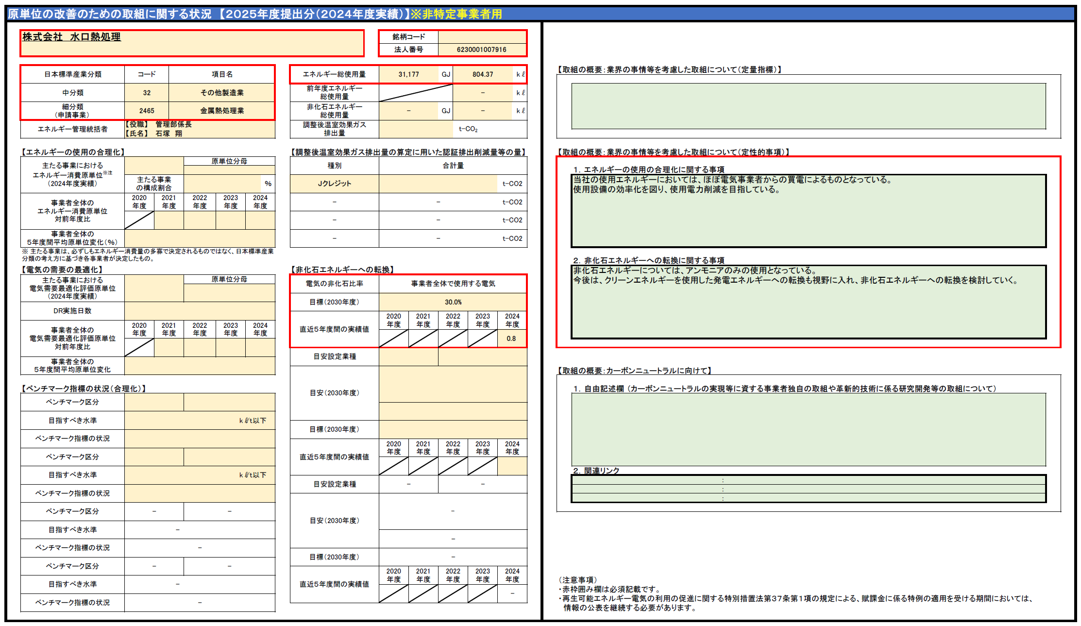 エネルギー消費原単位の改善のための取組